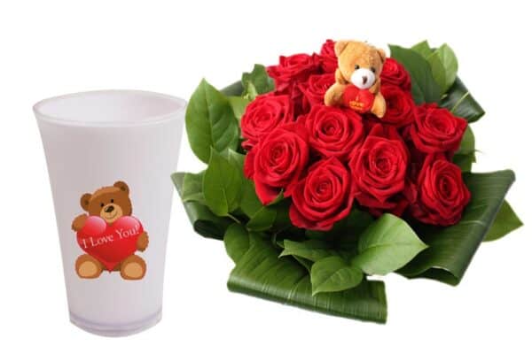 valentijnsboeket rode rozen in vaas knuffelbeer