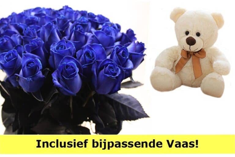 Kado Blauwe Rozen Knuffelbeer - Bloemen Cadeau Verliefd