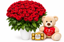100 rode rozen met knuffelbeer